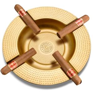 Cigar Ashtray 4 Slots Unbreakable Large Ring Gauge Ashtray for Outside/Indoor Decor with 4 Rest Cigar Holders Metal Ash Tray for Men (Gold)