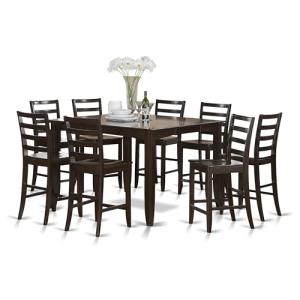 East West Furniture FAIR9-CAP-W 9 Piece Counter Height Pub Set Includes a Square Dining Table with Pedestal and 8 Kitchen Dining Chairs, 54x54 Inch, Cappuccino