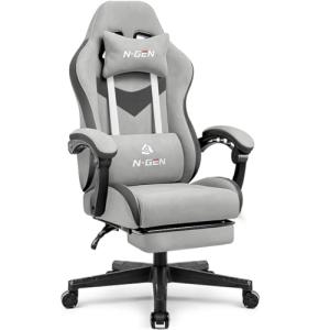 N-GEN GAMING Video Gaming Chair with Footrest Lumbar Support for Home Office High Back Recliner Height Adjustable Ergonomic Comfy Fabric Computer Desk Chair (Grey)