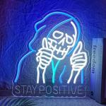 STAY POSITIVE Neon Sign Wall Decor, Motivational Skeleton‌ Lights up, Inspirational LED Sign Halloween Party Decorations for Man Beer Bar Man Cave Pub Garage Workshop