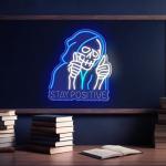 STAY POSITIVE Neon Sign Wall Decor, Motivational Skeleton‌ Lights up, Inspirational LED Sign Halloween Party Decorations for Man Beer Bar Man Cave Pub Garage Workshop