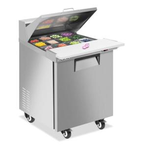 ROVSUN 27" W Sandwich Salad Prep Table Refrigerator ETL NSF, 7.1 Cu.Ft Commercial Refrigerator Salad Bar Stainless Steel w/12 Pans Cutting Board Lockable Wheels Front Door for Restaurant