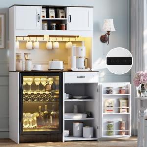 White Kitchen Pantry Cabinet with Fridge Space - Farmhouse Coffee Bar Hutch with Outlet & Led, 73.2'' Tall Kitchen Pantry with Hooks & Shelf Guardrails, Microwave Pantry Cabinets for Kitchen (White)