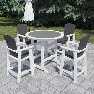 LyuHome Patio Bar Table Set High Top Outdoor Table and Chairs Set of 5, Bar Table & Stools Set with Tall Adirondack Chairs Set for 4 with Umbrella Hole Weather Resistant (Grey &White)