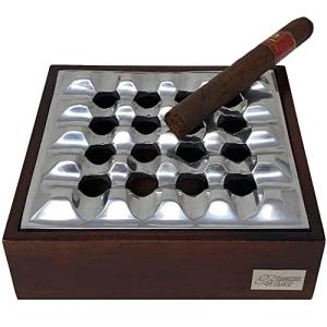 Prestige Import Group Rockford Smokin Ash Square Grid Tabletop Ashtray - Polished Cast Aluminum Tray with Mango Wood Base