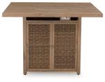 Signature Design by Ashley Walton Bridge Casual Outdoor Bar Table with Fire Pit and Storage, Light Brown