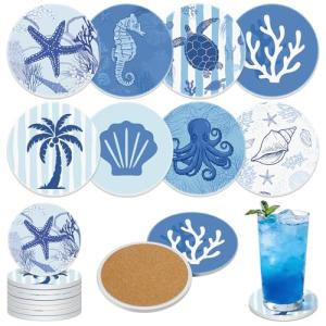 Remerry 8 Set Coastal Coasters for Drinks Ceramic Stone Round Absorbent Coasters with Cork Base Beach Theme Starfish Shell Sea Ocean Life Decorations for Table Coffee Kitchen Bar Housewarming Gifts