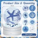 Remerry 8 Set Coastal Coasters for Drinks Ceramic Stone Round Absorbent Coasters with Cork Base Beach Theme Starfish Shell Sea Ocean Life Decorations for Table Coffee Kitchen Bar Housewarming Gifts