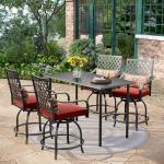 PHI VILLA Patio Bar set for 4,Outdoor Swivel Bar Chairs with Red Cushion and High Metal Bar Table,Sturdy and Strong Frame and Metal Table Top (No Umbrella Hole), High Patio Table and Chairs for Garden