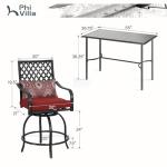 PHI VILLA Patio Bar set for 4,Outdoor Swivel Bar Chairs with Red Cushion and High Metal Bar Table,Sturdy and Strong Frame and Metal Table Top (No Umbrella Hole), High Patio Table and Chairs for Garden