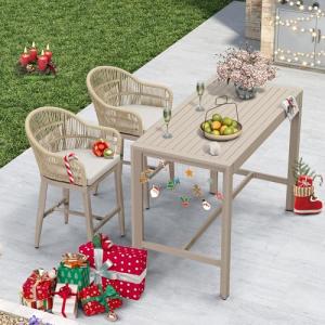 PURPLE LEAF 3 Pieces Outdoor Counter Height Bar Stools Set Patio Metal Modern Wicker Rattan Bar Chairs and Dining Bistro Bar Table for Balcony Garden Indoor Kitchen Outside Champagne