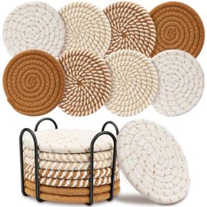 Coasters for Drinks, Boho Coaster, Coasters Set of 4 - Color, 8 Pack Coaster Set with Holder, Coffee Table Decor, Bar Accessories for The Home Bar Set (Brown)