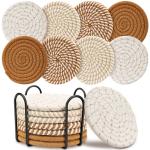 Coasters for Drinks, Boho Coaster, Coasters Set of 4 - Color, 8 Pack Coaster Set with Holder, Coffee Table Decor, Bar Accessories for The Home Bar Set (Brown)