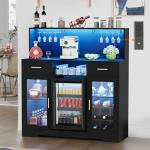 Coffee Bar Cabinet with Mini Fridge Space,Wine Bar Cabinets with Power Outlet&Led Lights, Mini Fridge Cabinet Home Liquor Cabinets with Glass Holder&Wine Rack, Modern Buffet Sideboard with Storage