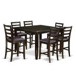East West Furniture FAIR7-CAP-LC 7 Piece Counter Height Dining Table Set Consist of a Square Wooden Table with Pedestal and 6 Faux Leather Kitchen Dining Chairs, 54x54 Inch, Cappuccino