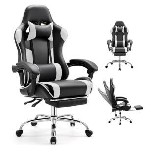 DUMOS Ergonomic Gaming Office Desk Chair with Footrest, Height Adjustable 360° Swivel Computer Video Game Chair with Headrest and Lumbar Support, Black White