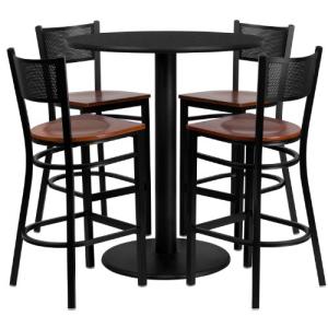 Flash Furniture Clark 36'' Round Black Laminate Table Set with 4 Grid Back Metal Barstools - Cherry Wood Seat