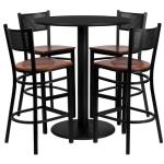 Flash Furniture Clark 36'' Round Black Laminate Table Set with 4 Grid Back Metal Barstools - Cherry Wood Seat