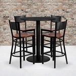 Flash Furniture Clark 36'' Round Black Laminate Table Set with 4 Grid Back Metal Barstools - Cherry Wood Seat