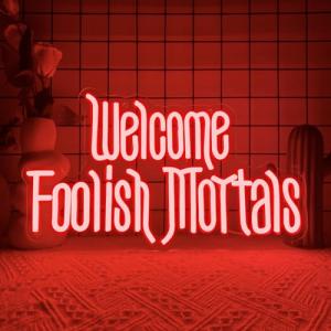 Welcome Foolish Mortals Neon Sign,Dimmable Spooky Gothic Haunted Mansion Coffin LED Neon Signs for Wall Decor,USB Powered Led Neon Light for Halloween Party Haunted House Man Cave Birthday Gifts(16.1*9.4in) (Red)
