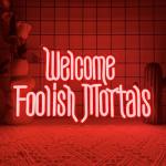 Welcome Foolish Mortals Neon Sign,Dimmable Spooky Gothic Haunted Mansion Coffin LED Neon Signs for Wall Decor,USB Powered Led Neon Light for Halloween Party Haunted House Man Cave Birthday Gifts(16.1*9.4in) (Red)