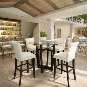 PADMA HOUSE Glass Top High Bar Table Stools Set for 4, 42" Round Tempered Glasstop High Bar Table with Four 31.9" H Barstools Chairs with Upholstered Back&Footrest for Bars Kitchen Restaurant, Ivory