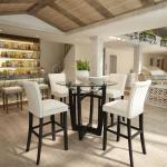 PADMA HOUSE Glass Top High Bar Table Stools Set for 4, 42" Round Tempered Glasstop High Bar Table with Four 31.9" H Barstools Chairs with Upholstered Back&Footrest for Bars Kitchen Restaurant, Ivory