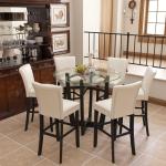 PADMA HOUSE Glass Top High Bar Table Stools Set for 4, 42" Round Tempered Glasstop High Bar Table with Four 31.9" H Barstools Chairs with Upholstered Back&Footrest for Bars Kitchen Restaurant, Ivory