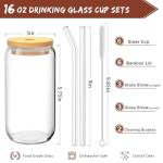 SENTVEND 16 Oz Drinking Glasses with Bamboo Lids and Glass Straw - 8 Pcs Glass Cups Beer Ice Coffee Glasses Cute Aesthetic Cup Great for Coffee Bar Accessories Include 2 Cleaning Brushes