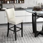 PADMA HOUSE Glass Top High Bar Table Stools Set for 4, 42" Round Tempered Glasstop High Bar Table with Four 31.9" H Barstools Chairs with Upholstered Back&Footrest for Bars Kitchen Restaurant, Ivory