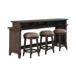Pemberly Row 4-Piece Console Bar Table Set, Saddle Brown Finish, Rubberwood & Split Heart White Oak, Table with Charging Station & 3 Upholstered Stools, Tobacco Leather Fabric, Rustic Style Dining or