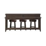 Pemberly Row 4-Piece Console Bar Table Set, Saddle Brown Finish, Rubberwood & Split Heart White Oak, Table with Charging Station & 3 Upholstered Stools, Tobacco Leather Fabric, Rustic Style Dining or