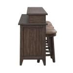 Pemberly Row 4-Piece Console Bar Table Set, Saddle Brown Finish, Rubberwood & Split Heart White Oak, Table with Charging Station & 3 Upholstered Stools, Tobacco Leather Fabric, Rustic Style Dining or