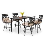 PHI VILLA 5 Piece Patio Bar Set,Outdoor Bar Table and Chairs Set, Strong and Heavy Duty Outdoor Bar Set with Cushion and Pillow，4PC Swivel Bar Stools with Rectangular Bar Height Table