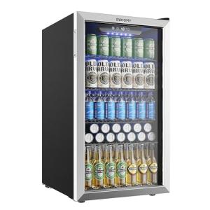EUHOMY Mini Fridge 130 Can Beverage Refrigerator Cooler Glass Door for Soda Wine Beer, Beverage Cooler for Home, Bar, Office with Digital Temperature Control Adjustable Shelves, 3.2 Cu.Ft, Silver