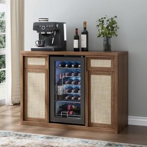Yechen Rattan Coffee Bar Cabinet with Mini Fridge Space, Boho Coffee Station Cabinet with Wine Storage & Drawers, Sideboard Buffet Table with Solid Wood Handles & Charger Station, Home Bar Furniture