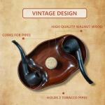 Walnut Wooden Cigar & Tobacco Pipe Ashtray with Cork Knocker – Dual Rest Smoking Pipe Ashtray for Smokers Indoor Outdoor – Handcrafted Rustic Wood Ash Tray Gift for Men