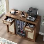 Yechen Rattan Coffee Bar Cabinet with Mini Fridge Space, Boho Coffee Station Cabinet with Wine Storage & Drawers, Sideboard Buffet Table with Solid Wood Handles & Charger Station, Home Bar Furniture