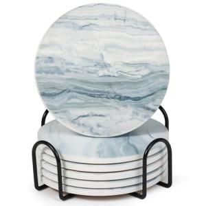 Acejoz Drink Coasters with Holder for Coffee Table, Absorbent Coasters Set of 6, Marble Style Ceramic Coaster for Wooden Table, Suitable for Kinds of Cups, Home Decor, 4 Inches(Blue)