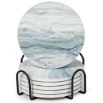 Acejoz Drink Coasters with Holder for Coffee Table, Absorbent Coasters Set of 6, Marble Style Ceramic Coaster for Wooden Table, Suitable for Kinds of Cups, Home Decor, 4 Inches(Blue)