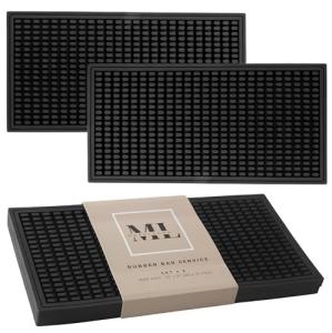 MARELUNNA Rubber Bar Mat – Non-Slip Spill & Drip Mat for Bartending, Coffee Bar & Kitchen Countertop, Thick Durable Counter Protector & Stylish Drying Mat (Total Black, 2 Pack 12"x6")