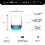 JoyJolt Hue Colorful Whiskey Set of 6, 10oz Drink Glasses, Double Old Fashioned Glass, Modern Whiskey Glass Set for Bar, Low Ball Cocktail Tumbler Glasses