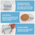 Acejoz Drink Coasters with Holder for Coffee Table, Absorbent Coasters Set of 6, Marble Style Ceramic Coaster for Wooden Table, Suitable for Kinds of Cups, Home Decor, 4 Inches(Blue)