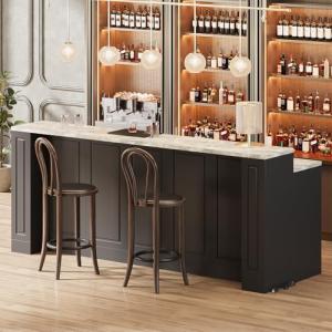 ROMSHINE 94.5" Large Bar Table Kitchen Station, Home Bar Unit with 3 Charging Socket, 4 Drawers & 2-Tier Shelf, Bar Cabinets Reception Desk for Home Pub Kitchen Storage, Black & Marble Pattern