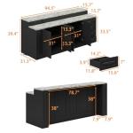 ROMSHINE 94.5" Large Bar Table Kitchen Station, Home Bar Unit with 3 Charging Socket, 4 Drawers & 2-Tier Shelf, Bar Cabinets Reception Desk for Home Pub Kitchen Storage, Black & Marble Pattern