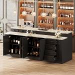 ROMSHINE 94.5" Large Bar Table Kitchen Station, Home Bar Unit with 3 Charging Socket, 4 Drawers & 2-Tier Shelf, Bar Cabinets Reception Desk for Home Pub Kitchen Storage, Black & Marble Pattern
