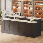 ROMSHINE 94.5" Large Bar Table Kitchen Station, Home Bar Unit with 3 Charging Socket, 4 Drawers & 2-Tier Shelf, Bar Cabinets Reception Desk for Home Pub Kitchen Storage, Black & Marble Pattern