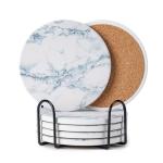Hoewina 6Pcs Drink Coasters with Holder, Marble Style Ceramic Drink Coaster, Absorbent Coasters Set Suitable for Kinds of Cups, Modern Style Coasters for Coffee Table, 4 Inches（Blue Marble Style）
