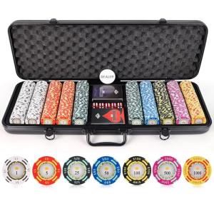 Versa Games Poker Chips - Clay Poker Chips Set - 13.5g 500 Piece Crown Casino Poker Set with Numbers Denomination - Upgraded Poker Set Case