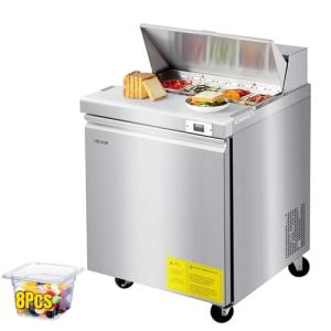 VEVOR Commercial Refrigerator, 28" W Sandwich/Salad Prep Refrigerated Table, Stainless Steel Food Prep Station Fridge with 8 Pan, for Restaurant, Bar, Shop, 7.1 Cu. Ft Refrigerator Single Door, Silver